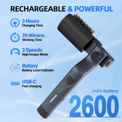 Cordless Electric Grill Brush with Adjustable Angle, 3-Speed Power Motor & Stainless Steel Head - Rechargeable, 90-Min Runtime, Waterproof Grill Cleaner for BBQ Grates & Griddles (Gray)