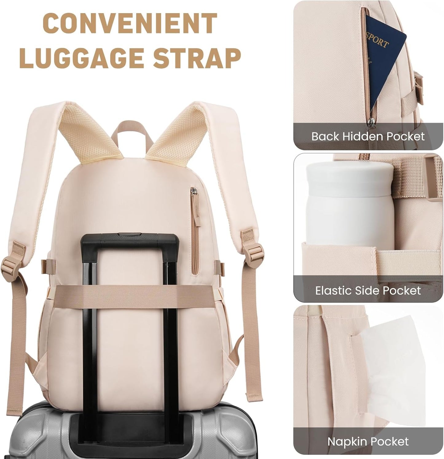 WINDARS Backpack for School Girls, Cute High School Backpacks for Teens Women Student Large Bookbag 15.6 Inch Laptop Bag with USB Charger Port for College Work Travel Trip (Beige Khaki)