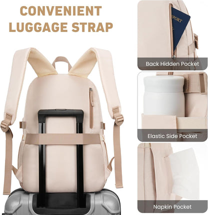 WINDARS Backpack for School Girls, Cute High School Backpacks for Teens Women Student Large Bookbag 15.6 Inch Laptop Bag with USB Charger Port for College Work Travel Trip (Beige Khaki)