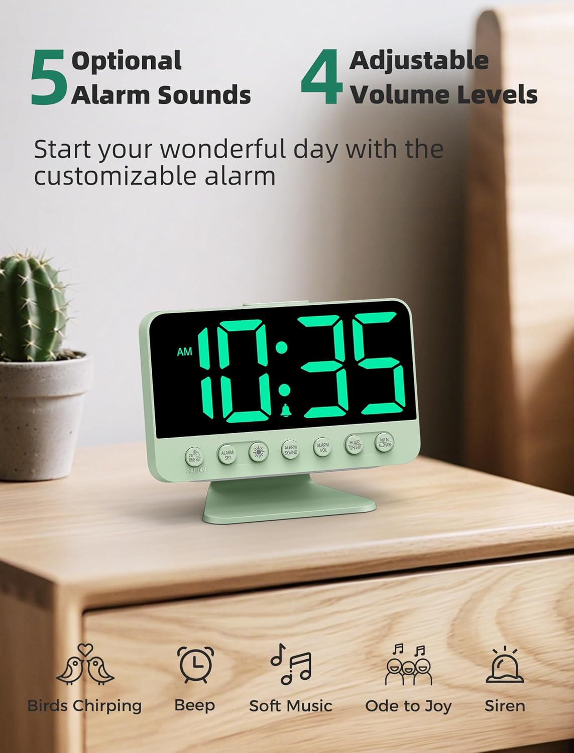 Odokee Digital Alarm Clocks for Bedrooms: Large Bold Number 5 Brightness Dimmer - Easy to Read Across The Room - 5 Alarm Sound 8 Night Light - Silver