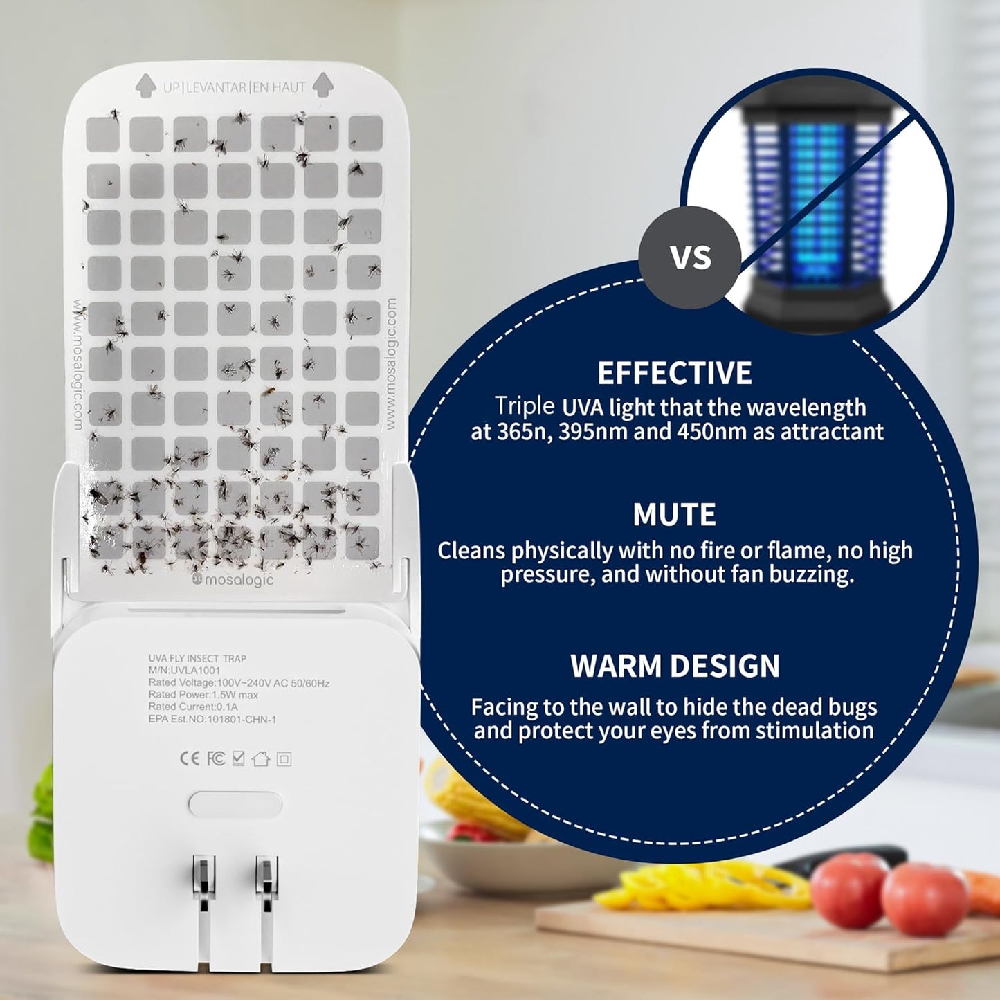 Mosalogic Fly Trap Plug in Mosquito Killer Gnat Moth Catcher Fly Tapper Indoor with Night Light for 400 Sq Ft of Protection White-1PACK