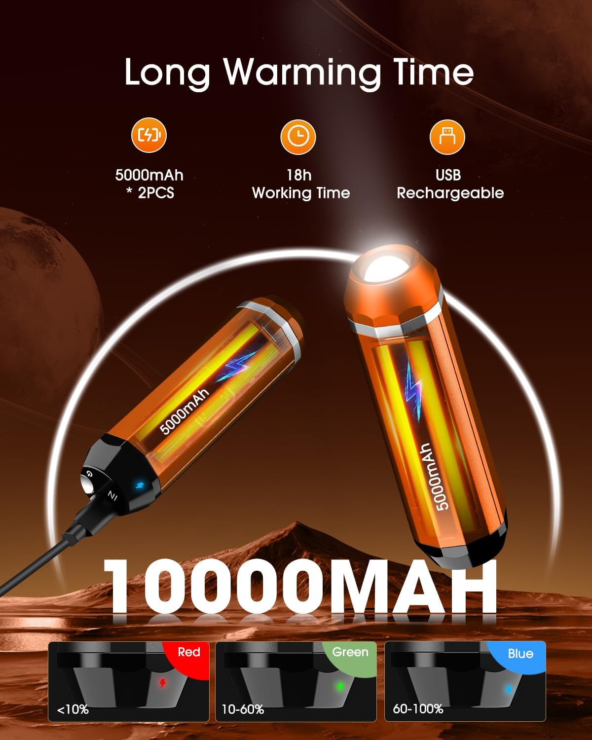 Veeool Rechargeable Hand Warmers 5000mAh (2 Pack) – Magnetic Electric Hand Warmer with Flashlight, 3 Heat Levels, Fast Heating Pocket Heater for Outdoor Camping, Hiking, Hunting, Golf, Football – Compact, Orange - PuriLite