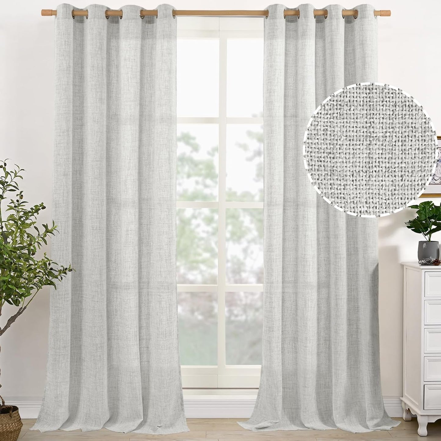 YoungsTex Natural Linen Curtains 84 Inch Long for Living Room Bedroom Grommet Top Light Filtering Privacy Linen Textured Window Semi Sheer Drapes, 2 Panels, 52x84 Inch, Natural