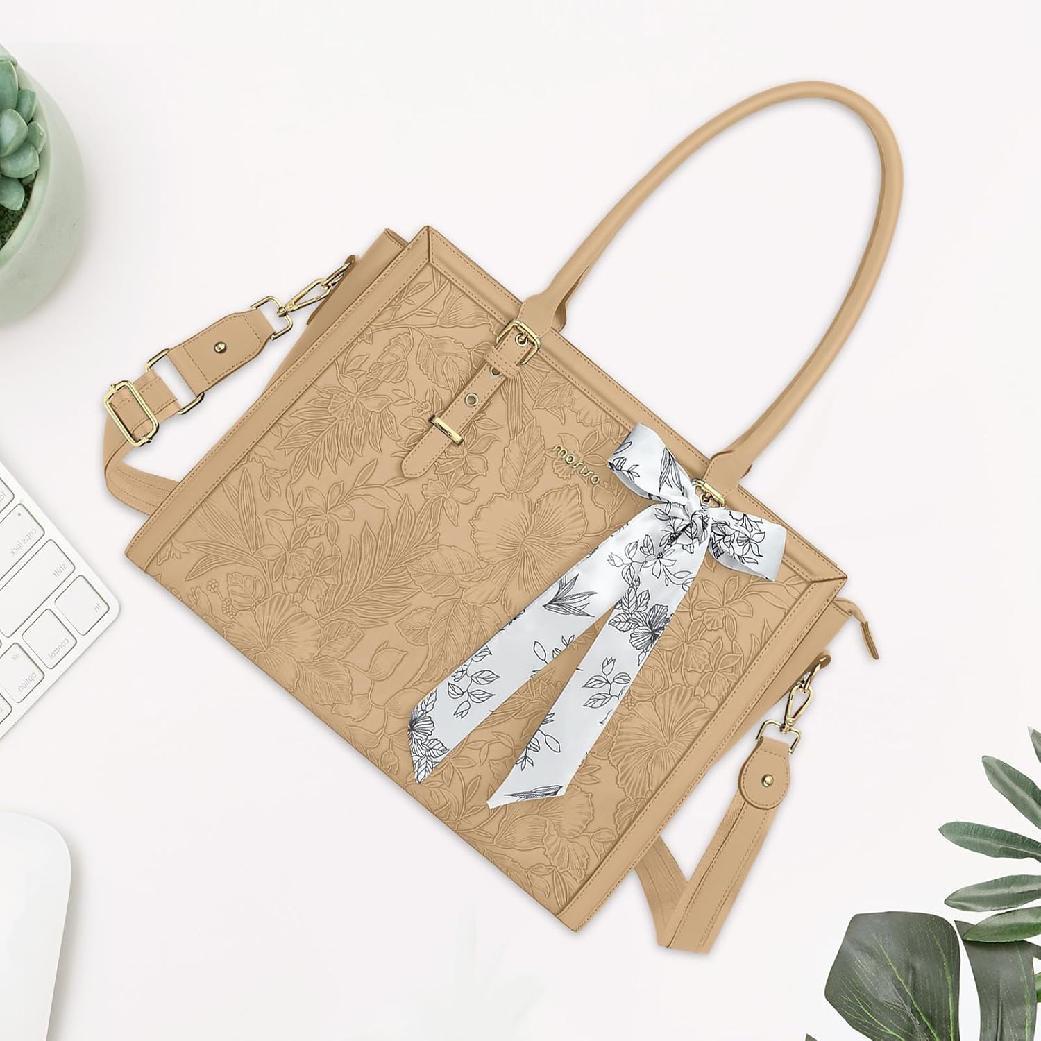 MOSISO Laptop Bag for Women, 17-17.3 inch PU Leathe Tote Bag Compatible with MacBook, HP, Dell, Asus Notebook, Front Embossed Retro Hibiscus Computer Bag with Silk Scarf&Clutch Purse, Gray - PuriLite