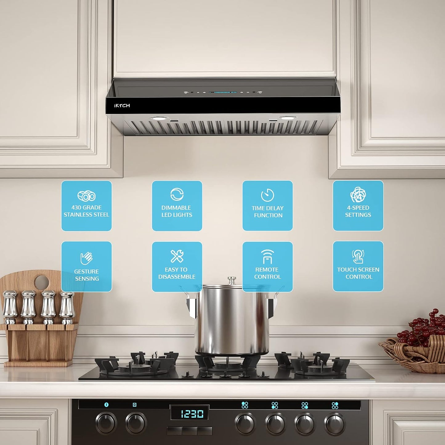 IKTCH Upgrated 30"Under Cabinet Range Hood, 900 CFM Ducted Range Hood with 4 Speed Fan, Stainless Steel & Black Tempered Glass Range Hood 30 inch with Gesture Sensing&Touch Control Making life Smarter
