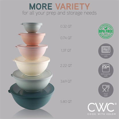 COOK WITH COLOR Mixing Bowls with TPR Lids - 12 Piece Plastic Nesting Bowls Set Includes 6 Prep Bowls and 6 Lids, Microwave Safe Mixing Bowl Set (Green)