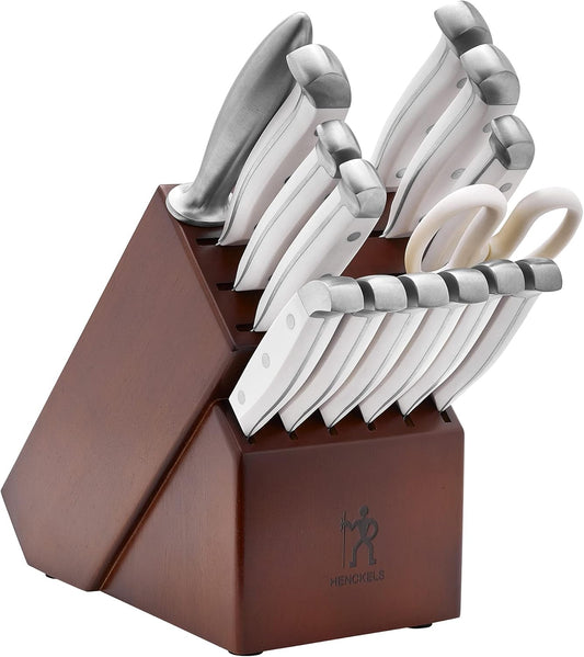 HENCKELS Statement 15Piece White-Handled Knife Block Set with Shears, Sharpening Steel - Dishwasher Safe, Ergonomic Handle - PuriLite