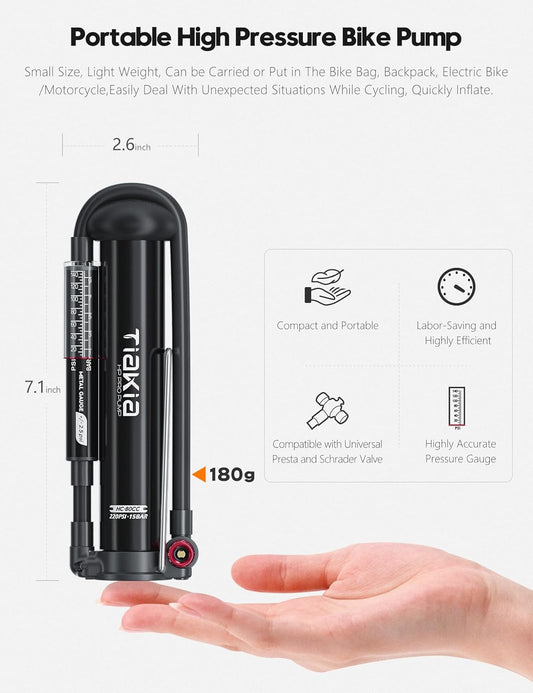 Tiakia Bike Floor Pump with Gauge High Pressure Portable Bike Pump High Volume Aluminum Tire Pump Small Bicycle Air Pump Fits Schrader Presta Valve Hand Pump for Bike Balls