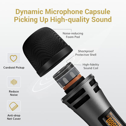 TONOR Wireless Microphones, UHF Dual Karaoke Microphone System, Microfonos Inalambricos with Rechargeable Receiver, Cordless Dynamic Mic for Singing, Wedding, DJ, Party, Speech TW320 Grey