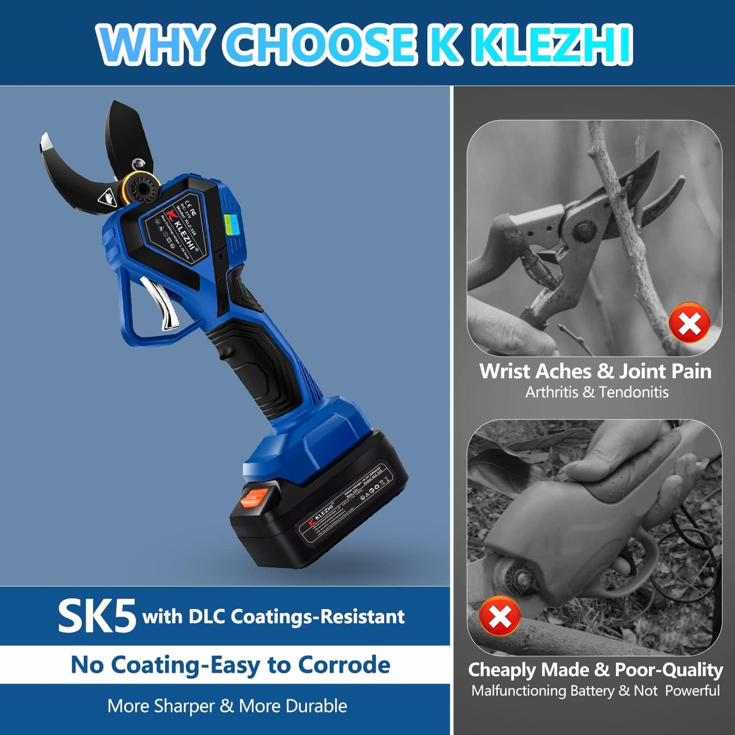 K KLEZHI Cordless Electric Pruning Shears, Rechargeable Battery, 42MM (1.65 Inch) Cutting Diameter Fruit Tree Branches Cutter,Good for Arthritis Hands 8-10 Working Hours Black