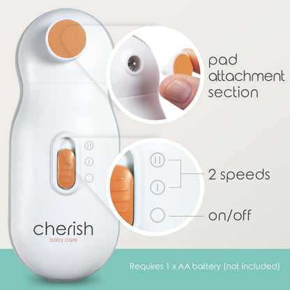 Cherish Baby Care Award-Winning Electric Nail File Baby (0-12 Months) - WIth Automatic Safety Stop, Storage Case and 4 Filing Pads, Baby Grooming Kit Newborn, Newborn Essentials & Baby Must Haves