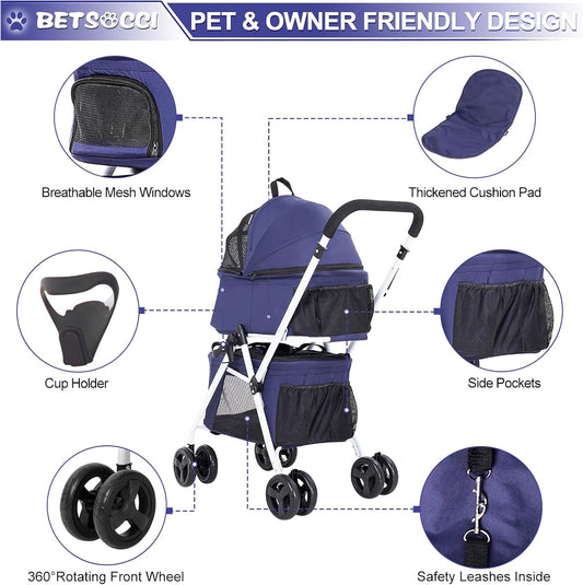 Dog Stroller Pet Stroller for Small Medium Dogs & Cats, 4-Wheel Cat Stroller, Foldable Dog Stroller with Suspension System/Link Brake, Max.44 LBS