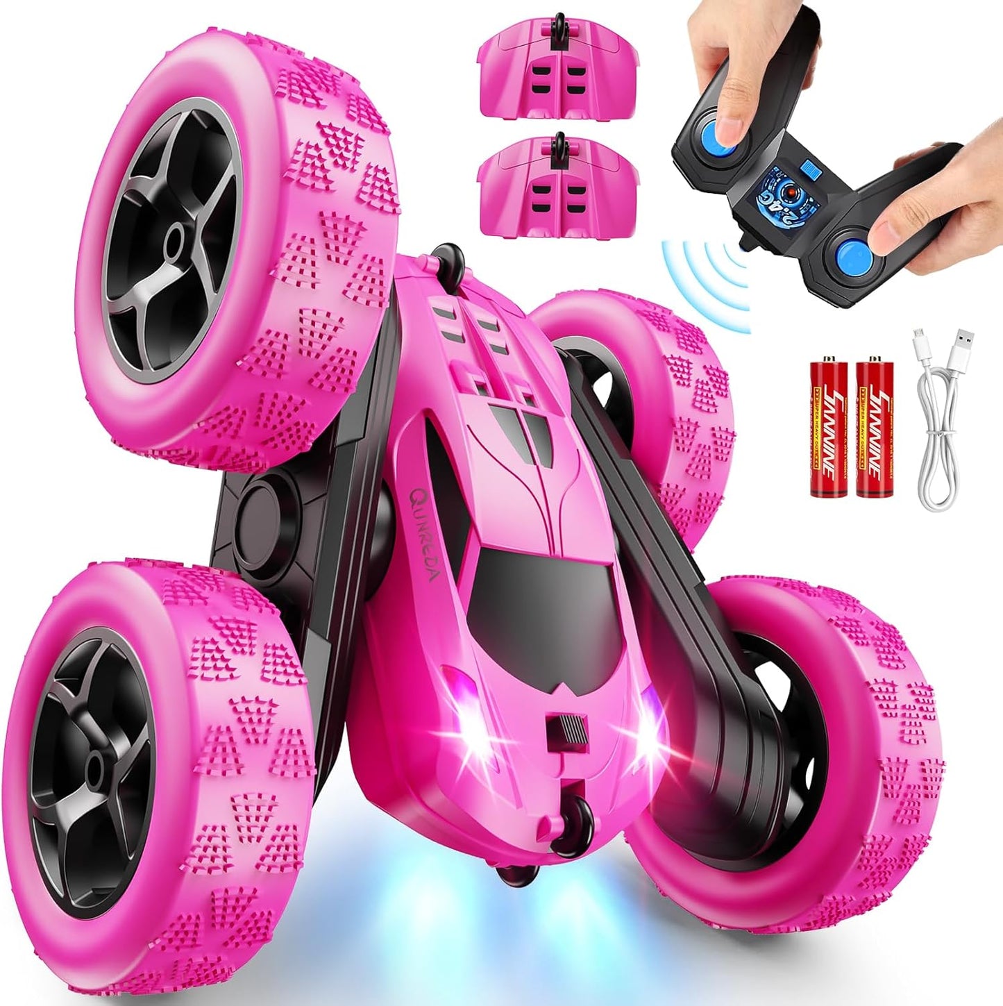 QUNREDA Remote Control Car for Kids Ages 6+, RC Cars Stunt Car Toy 4WD Double Sided 360° Rotating Remote Control with Headlights, Birthday Xmas Gifts for Boys 6 7 8 9 10 11 12 1-Blue
