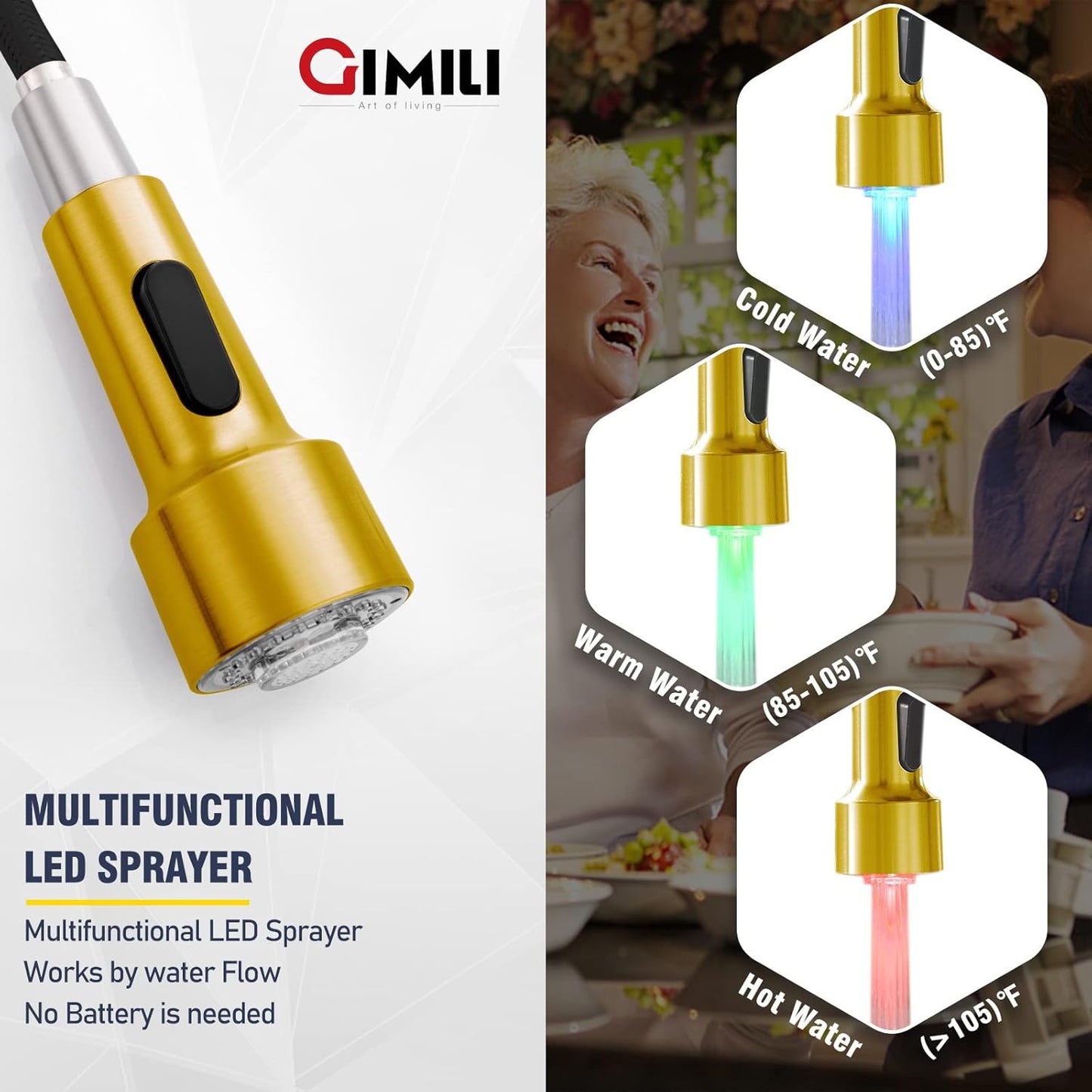 GIMILI Matte Black Kitchen Faucet with LED Light,Single Hole Spring Kitchen Sink Faucet with Pull Down Sprayer