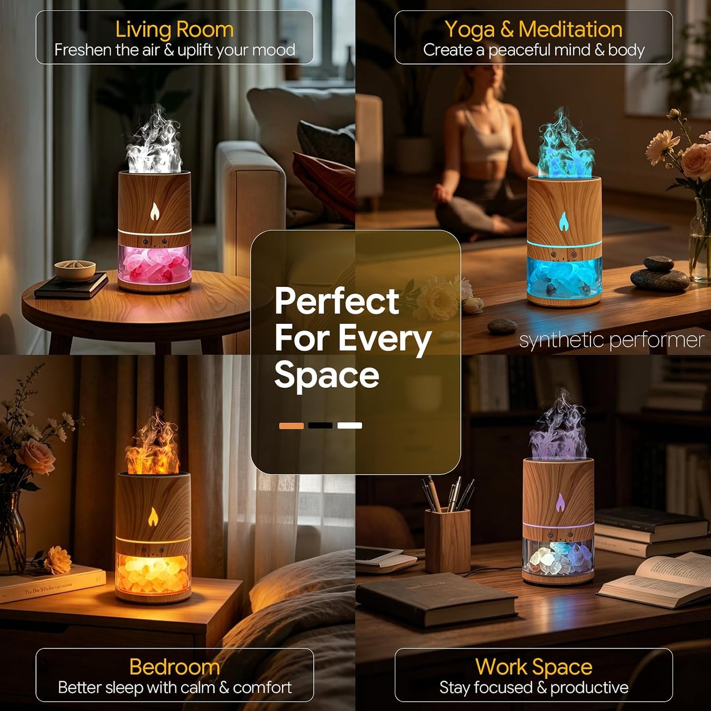 5-in-1 Flame Himalayan Salt Lamp Ultrasonic Essential Oil Diffuser, Cool Mist Humidifier, 1H/3H/6H Timer, Auto Shut-Off, Quiet Aromatherapy, 100% Pure Salt Crystals, 250ml (Wood)