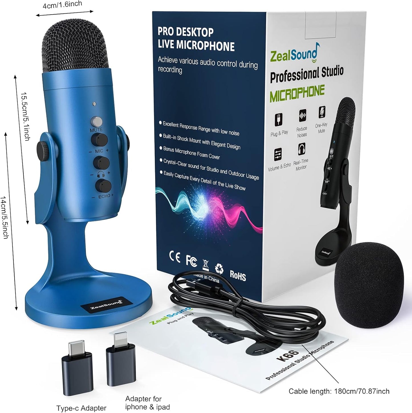 ZealSound USB Microphone,Condenser Phone Computer PC Mic kit,Plug&Play Gaming Microphones for PS 4&5.Mic Gain&Volume Control,Echo &Mute Button for Vocal,Record,Streaming,Discord YouTube Podcast on Mac
