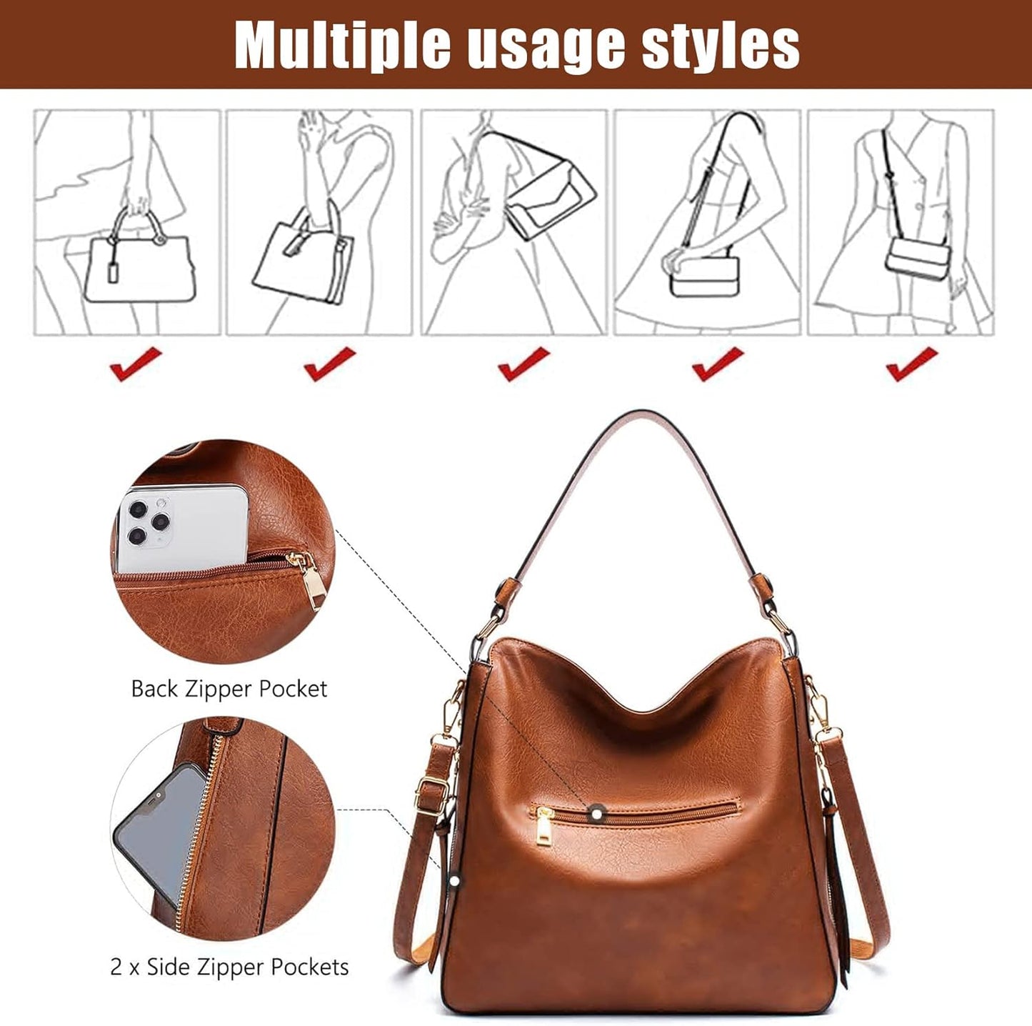 Hobo Bags for Women Handbags Purse Ladies Boho Shoulder Bag Crossbody Purses PU Leather Brown 2PCS