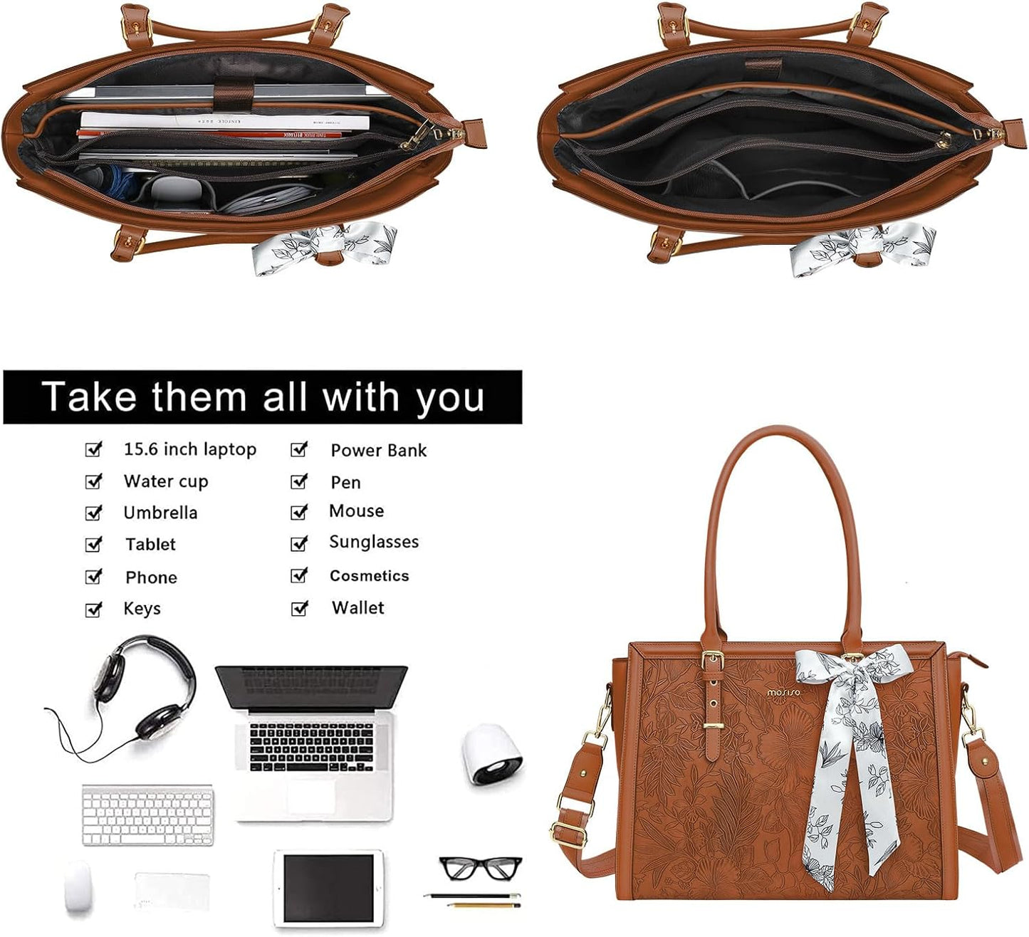 MOSISO Laptop Bag for Women, 17-17.3 inch PU Leathe Tote Bag Compatible with MacBook, HP, Dell, Asus Notebook, Front Embossed Retro Hibiscus Computer Bag with Silk Scarf&Clutch Purse, Gray - PuriLite