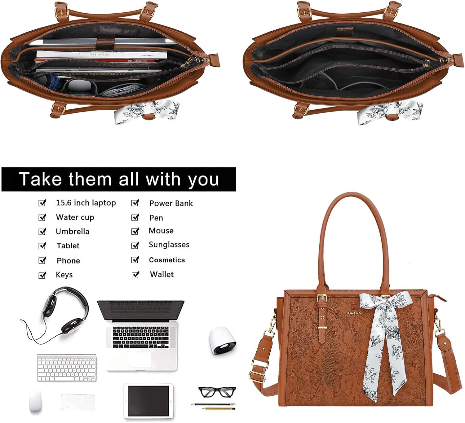 MOSISO Laptop Bag for Women, 17-17.3 inch PU Leathe Tote Bag Compatible with MacBook, HP, Dell, Asus Notebook, Front Embossed Retro Hibiscus Computer Bag with Silk Scarf&Clutch Purse, Gray - PuriLite