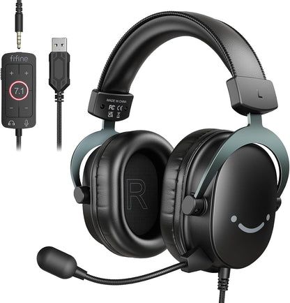 Fifine PC Gaming Headset with USB/3.5mm Jack for Laptop Computer, Over Ear Wired Headphones with 7.1 Surround Sound, Detachable Microphone, Volume Control, Noise Cancelling for PS5/Xbox/Switch-H9