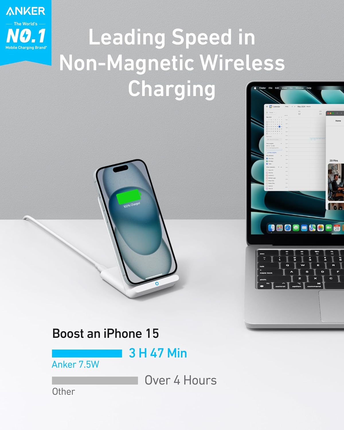 Anker 313 Wireless Charger (Stand), Qi-Certified for iPhone 14/14 Pro/14 Pro Max/13/13 Pro Max, 10W Fast-Charging Galaxy S20, S10 (No AC Adapter)
