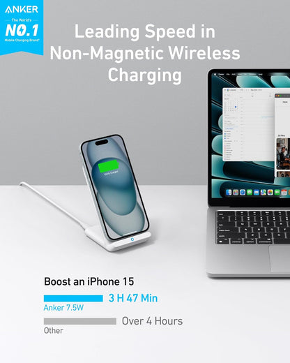 Anker 313 Wireless Charger (Stand), Qi-Certified for iPhone 14/14 Pro/14 Pro Max/13/13 Pro Max, 10W Fast-Charging Galaxy S20, S10 (No AC Adapter)