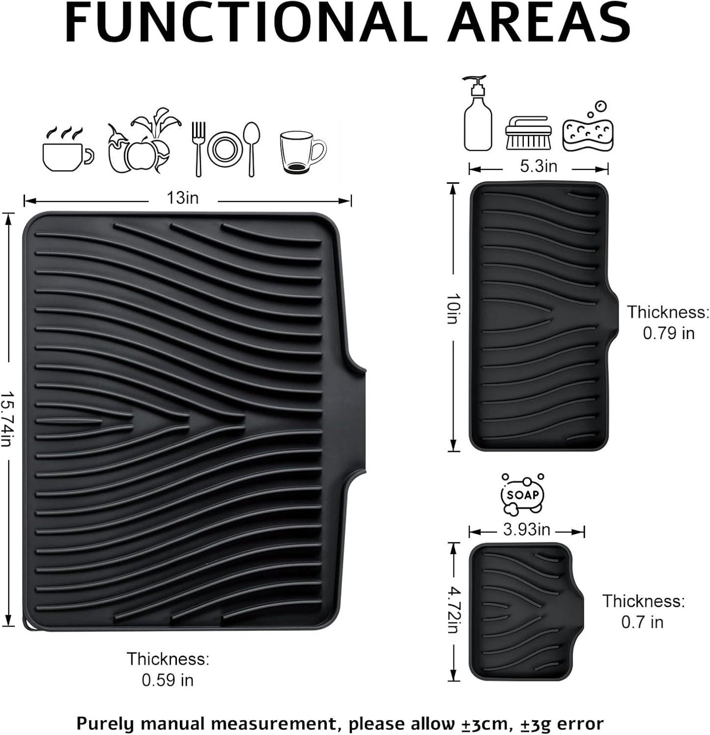 TIKNIK Silicone Dish Drying Mat for Kitchen Counter, Dish Drying Pad, Non-Slip Drain Pad with Built-in Drain, Heat Resistant Stone Drying Mat(40 L x 33 W cm, Grey)