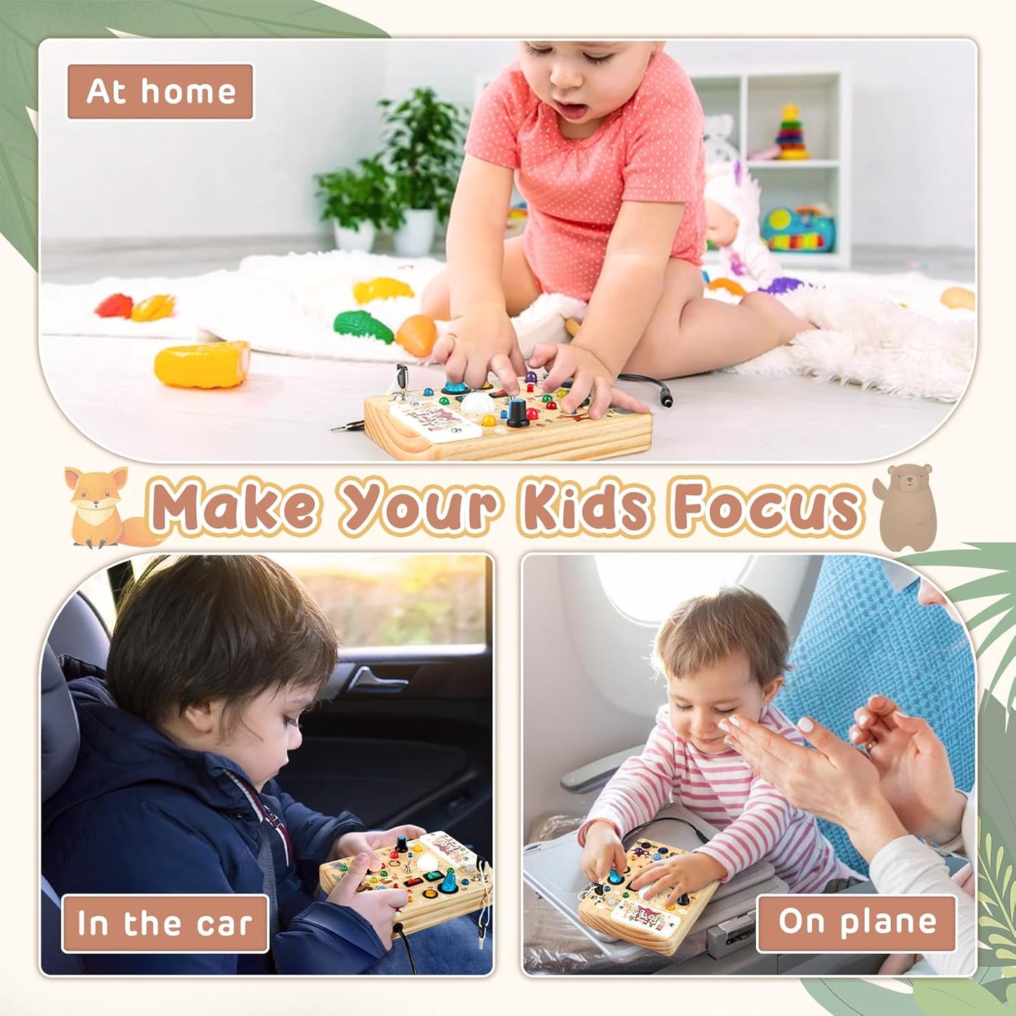 Joyreal Montessori Busy Board Wooden Sensory Toys for Toddler with LED Light Up Switch, Baby Fidget Board Travel Toys for 18+ Months, Boys Girls Birthday