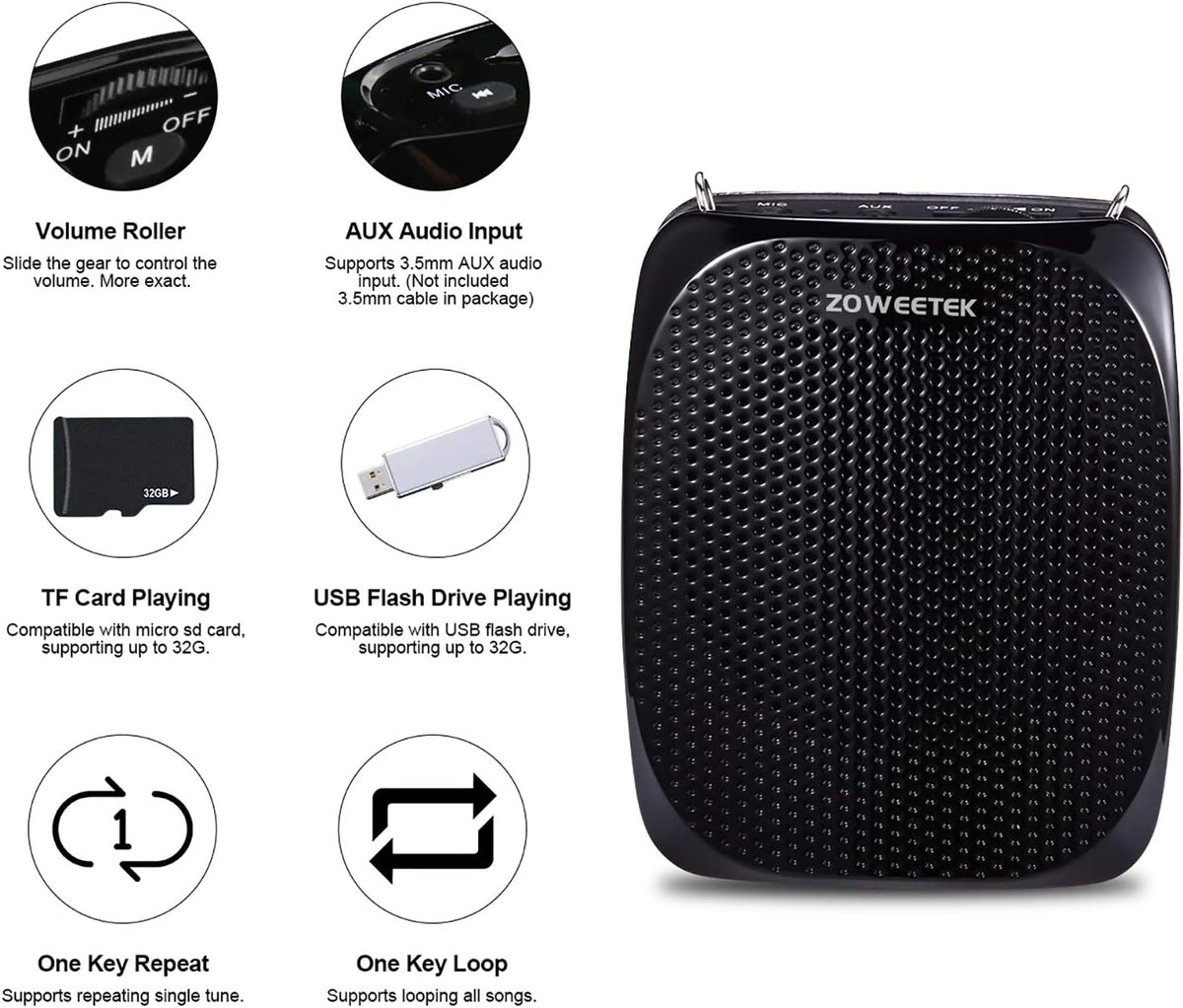 ZOWEETEK Portable Rechargeable Mini Voice Amplifier with Wired Microphone Headset and Waistband, Supports MP3 Format Audio for Teachers, Singing, Coaches, Training, Presentation, Tour Guide