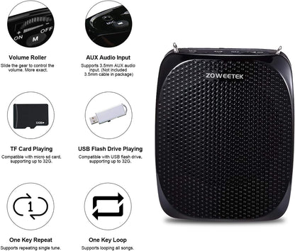ZOWEETEK Portable Rechargeable Mini Voice Amplifier with Wired Microphone Headset and Waistband, Supports MP3 Format Audio for Teachers, Singing, Coaches, Training, Presentation, Tour Guide