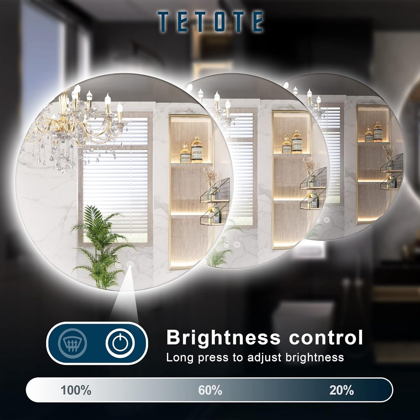 TETOTE 28 Inch Round LED Bathroom Vanity Mirror, Anti-Fog Dimmable Lights IP54 Waterproof Circle Makeup Wall Mounted Mirror