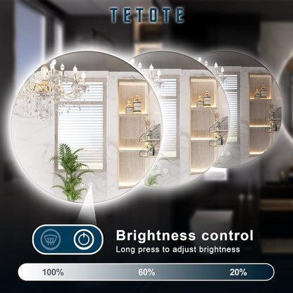 TETOTE 28 Inch Round LED Bathroom Vanity Mirror, Anti-Fog Dimmable Lights IP54 Waterproof Circle Makeup Wall Mounted Mirror