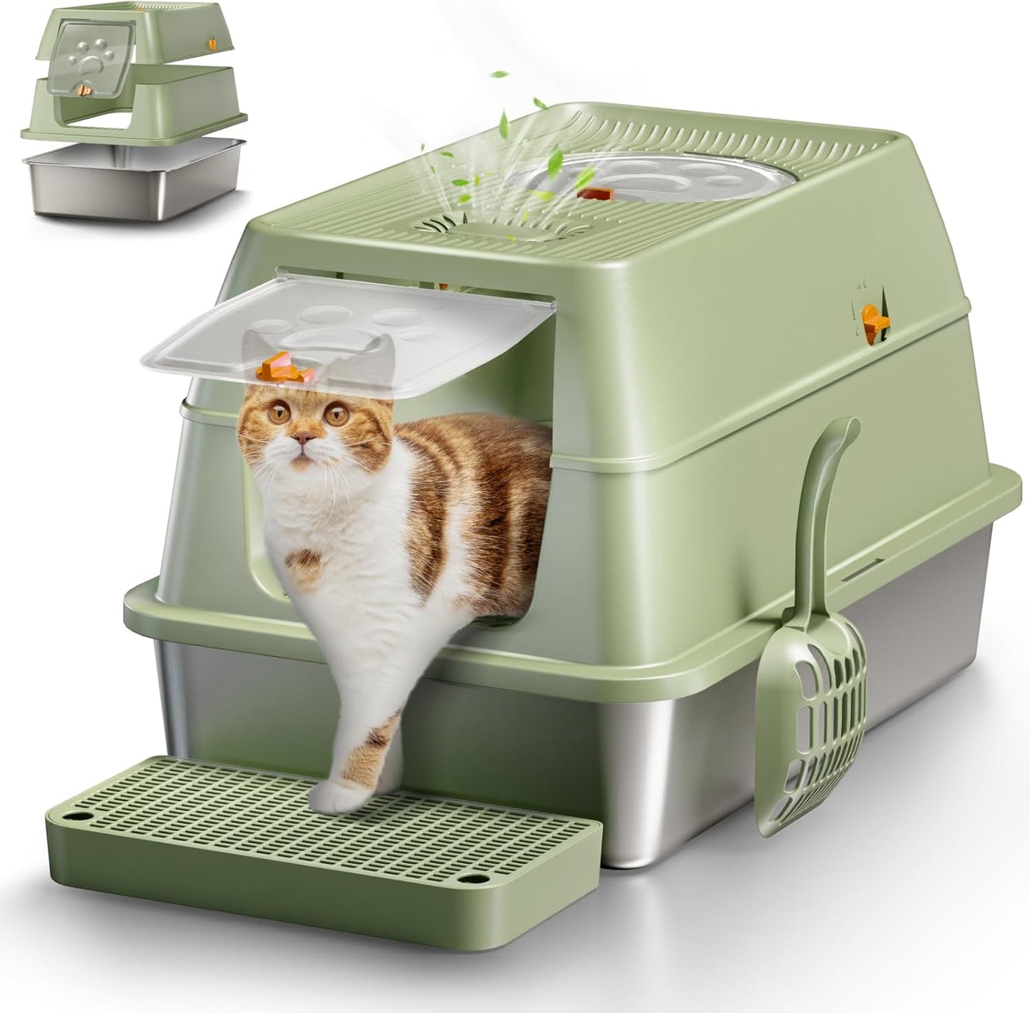 Eosarcu Stainless Steel Cat Litter Box with Lid, 180° Flip-Top XL Extra Large Enclosed Litter Box, Covered Metal High Sided Litter Pan with Steps & Scoop, Easy Cleaning, Odor Control,Non-Sticky-Black