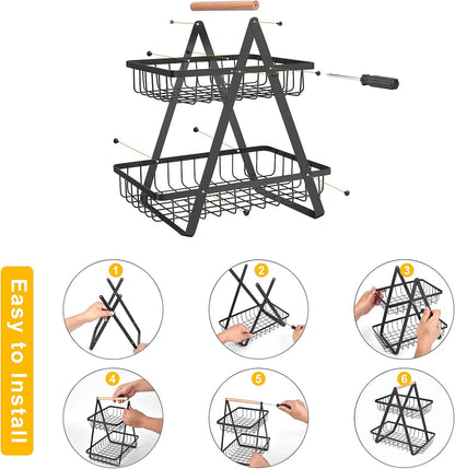 2 Tier Countertop Fruit Basket,Portable Fruit Bowle Basket for Kitchen Organizer Storage & Dining Room Fruits Vegetable Bread Snacks,MAHUEEOL Detachable Metal Rectangle Basket Storage