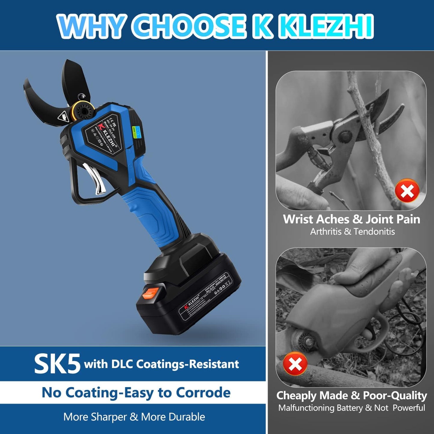 K KLEZHI Cordless Electric Pruning Shears, Rechargeable Battery, 42MM (1.65 Inch) Cutting Diameter Fruit Tree Branches Cutter,Good for Arthritis Hands 8-10 Working Hours Black