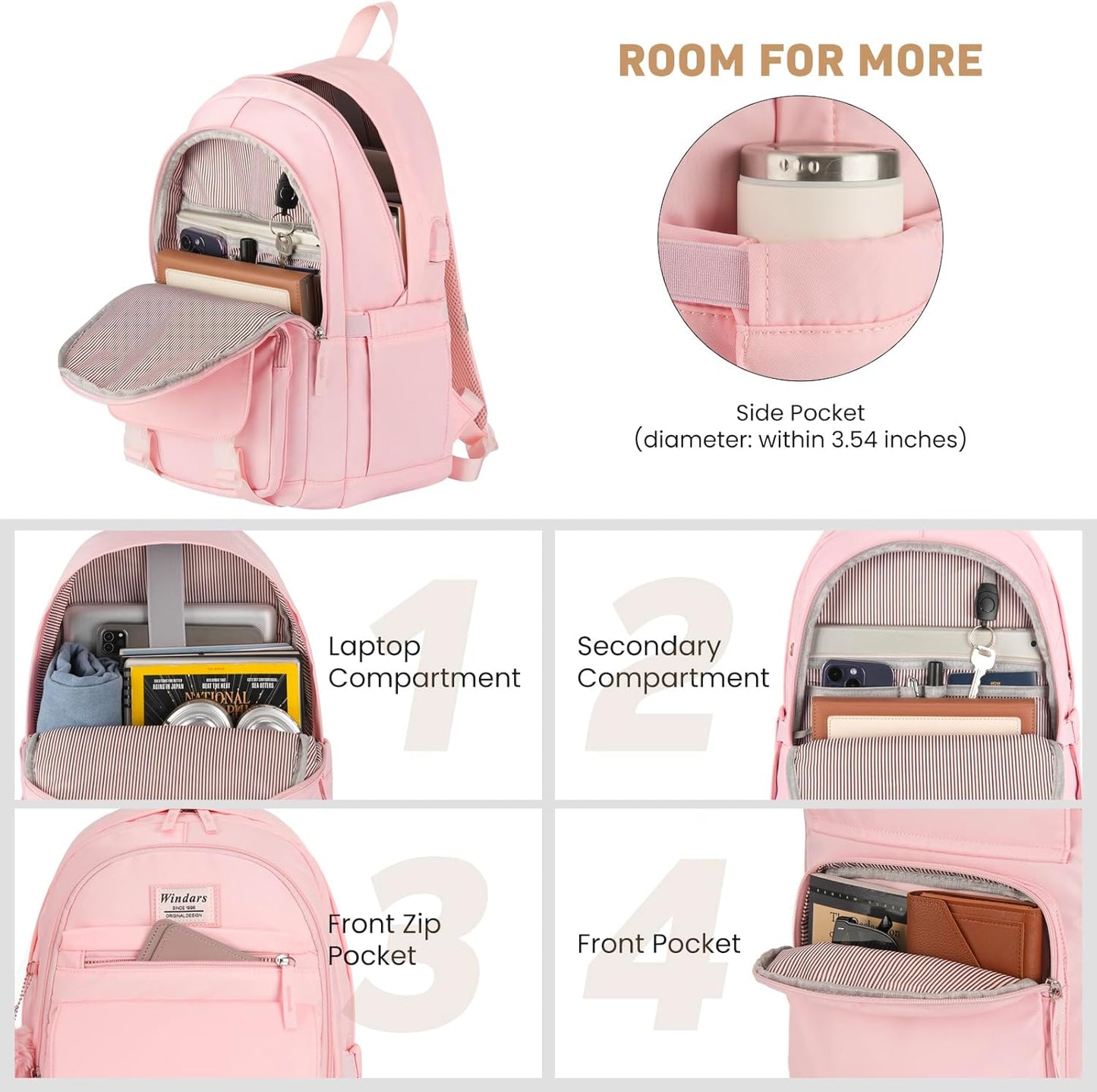 WINDARS School Backpack for Teen Girls, Cute College Backpacks for Women Students Aesthetic Bookbag Large 15.6 Inch Laptop Bag Middle School Travel Back Pack (Khaki Beige)