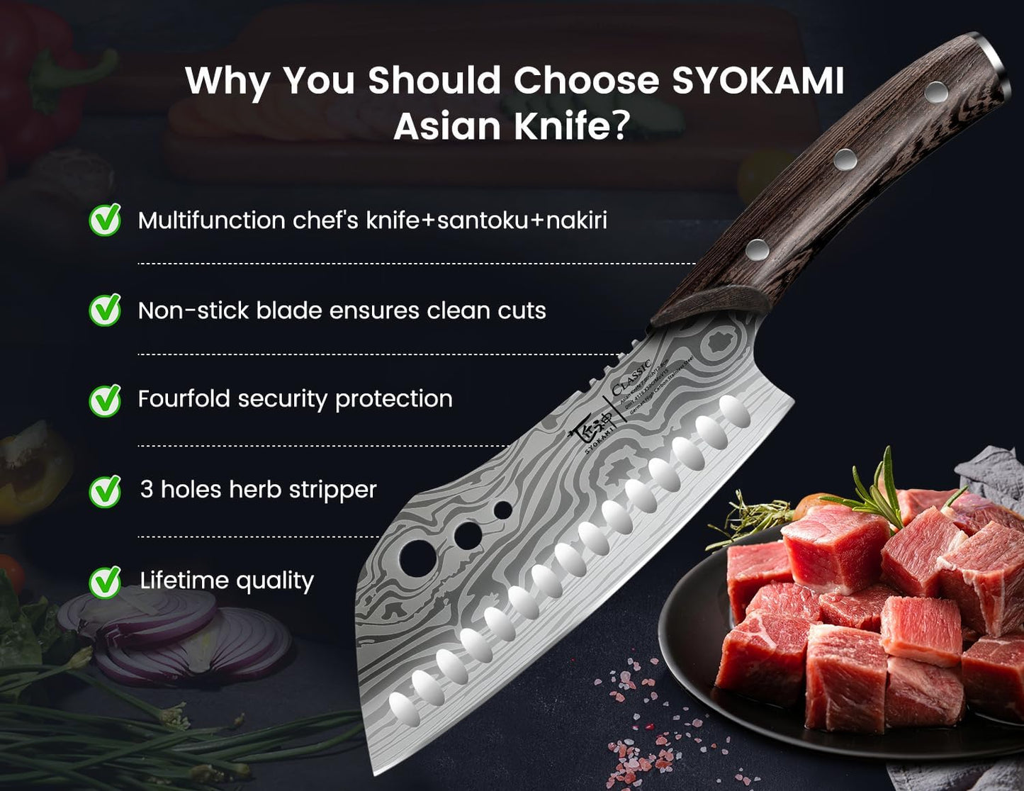 SYOKAMI Meat Cleaver Chef Knife, 7.7 Inch Multifunction Butcher Knife with Herb Stripper and Sheath, Chinese Cleaver Heavy Duty Bone Chopper, Meat Cutting, Damascus Pattern Full Tang Wood Handle