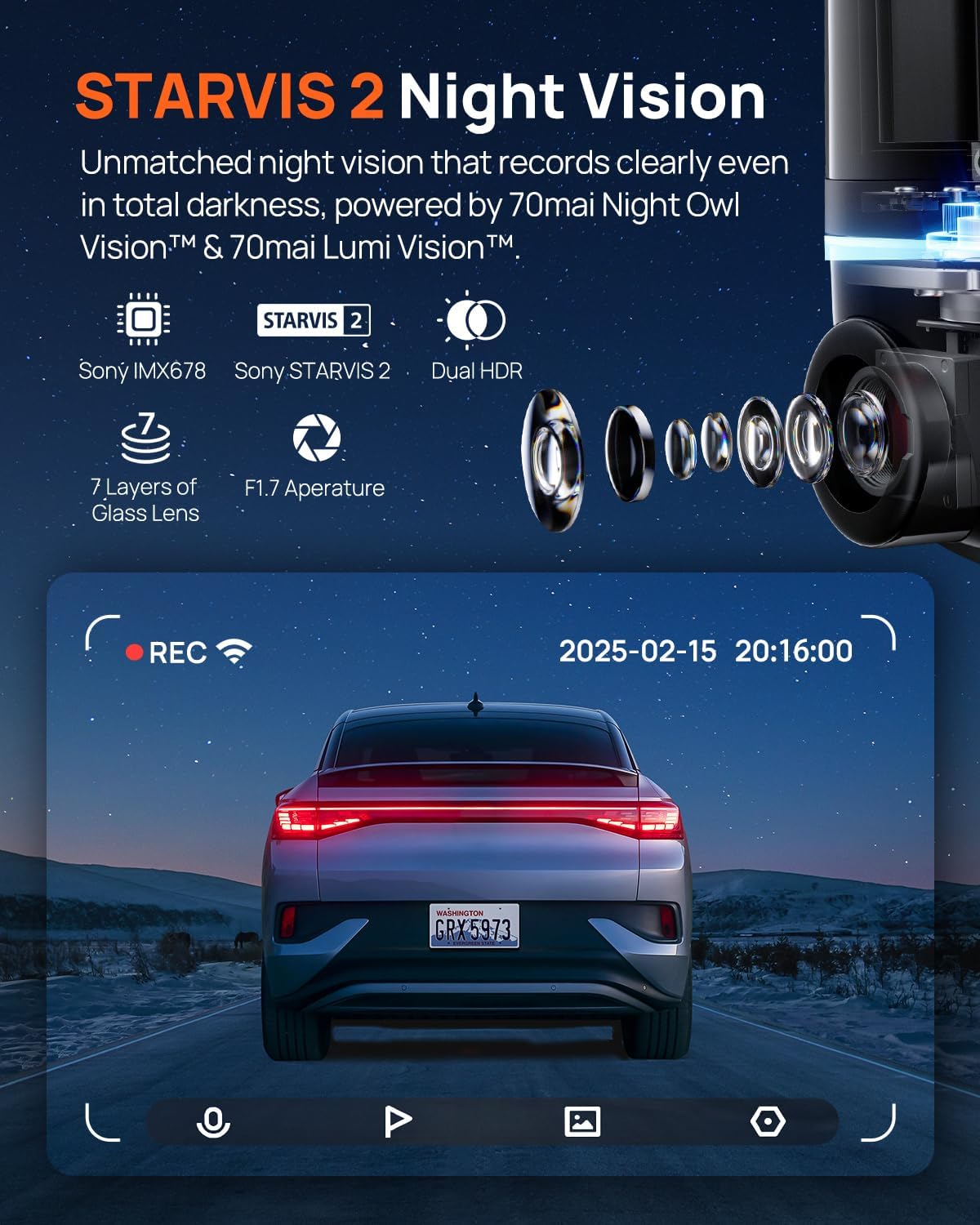 70mai Dual Dash Cam Front and Rear 4K, Car Camera for Cars with Sony IMX678 Sensor, STARVIS 2 Night Vision, AI Motion Detection, ADAS, Wi-Fi 6, Parking Monitor, Voice Control (4K Omni X800)