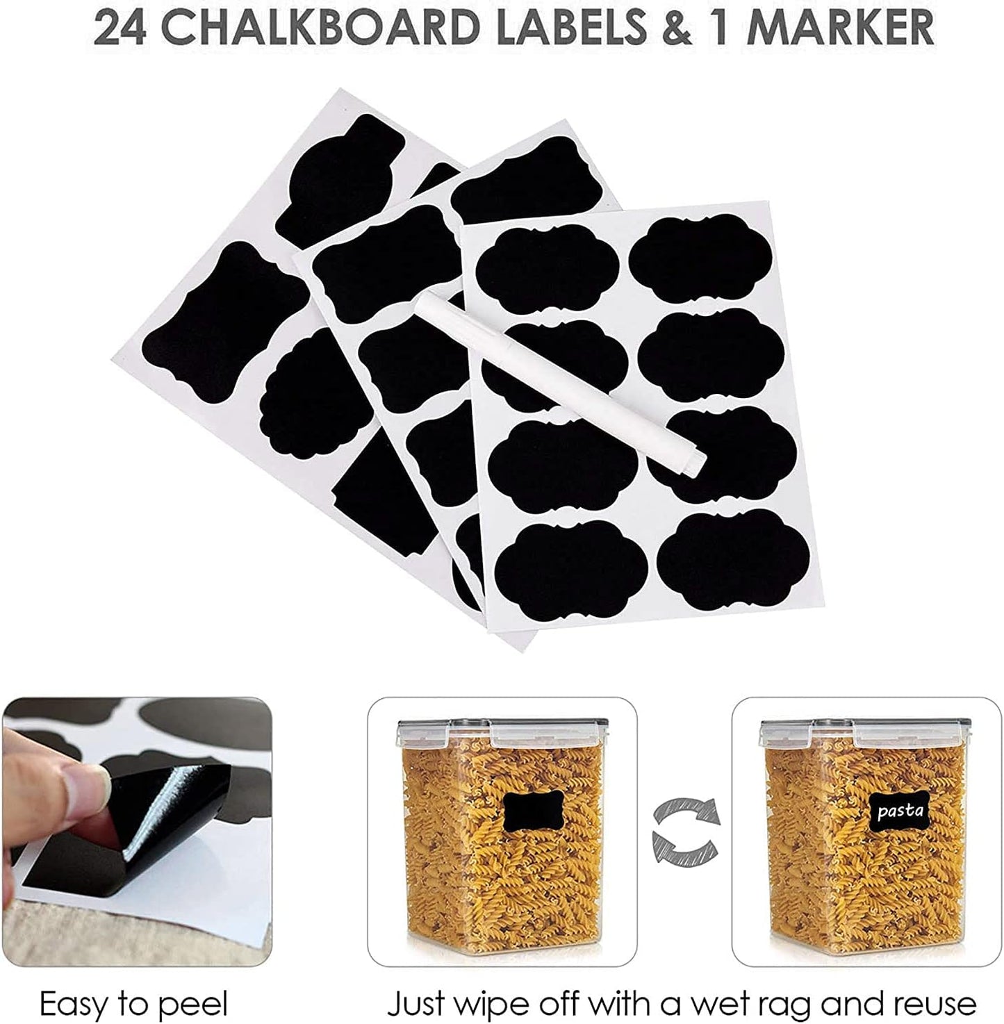 Vtopmart Extra Large Tall Airtight Food Storage Containers, 4 Pieces 6.5L Plastic Kitchen Pantry Storage Containers for Spaghetti, Flour and Baking Supplies - Include 24 Labels, Black