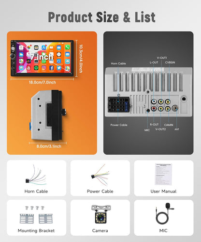 Rimoody 7 Inch Car Stereo Double Din Radio Touch Screen Bluetooth Handsfree Mirror Link USB SD EQ FM Multimedia Radio with Backup Camera Car Audio Receivers