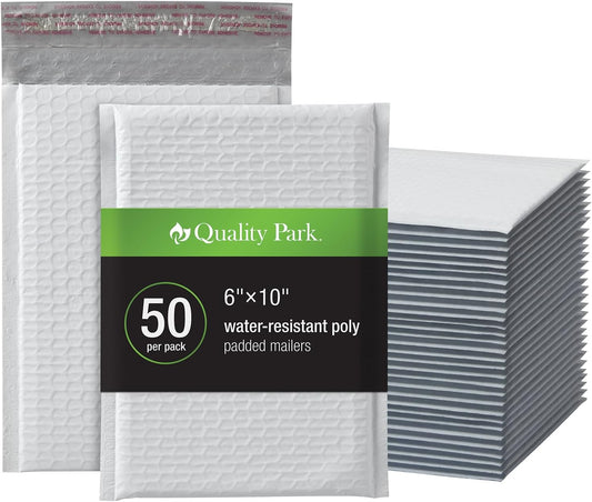 Quality Park Bubble Mailers, 6 x 9 Shipping Envelopes, Water Resistant White Poly Padded Envelopes, Redi-Strip Peel Off Closure, 50 Per Box (QUA85856)