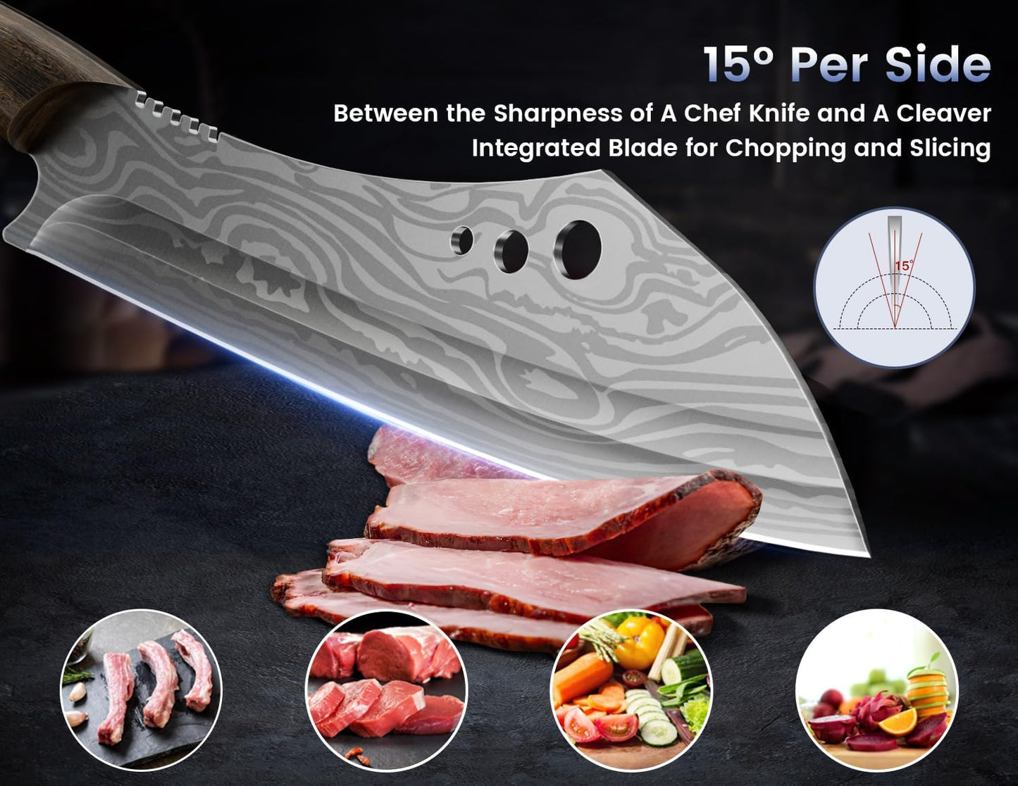 SYOKAMI Meat Cleaver Chef Knife, 7.7 Inch Multifunction Butcher Knife with Herb Stripper and Sheath, Chinese Cleaver Heavy Duty Bone Chopper, Meat Cutting, Damascus Pattern Full Tang Wood Handle