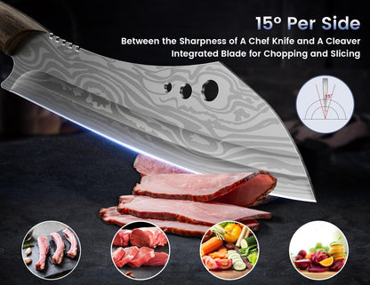 SYOKAMI Meat Cleaver Chef Knife, 7.7 Inch Multifunction Butcher Knife with Herb Stripper and Sheath, Chinese Cleaver Heavy Duty Bone Chopper, Meat Cutting, Damascus Pattern Full Tang Wood Handle