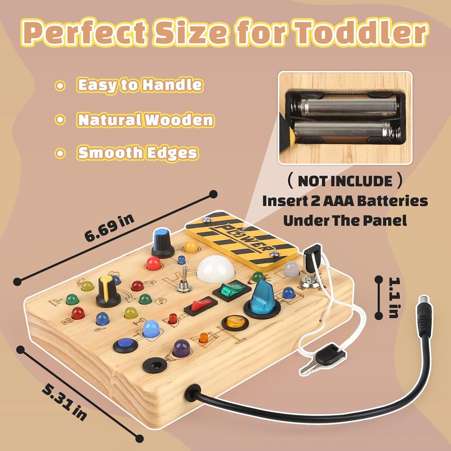 Joyreal Montessori Busy Board Wooden Sensory Toys for Toddler with LED Light Up Switch, Baby Fidget Board Travel Toys for 18+ Months, Boys Girls Birthday