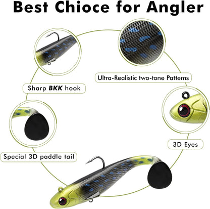 TRUSCEND Easy Catch Pre-Rigged Soft Lures, Unique Vibrating Swim Action and Trembly Sinking Move for More Bites, Amazing Soft Swimbait for Family Fishing, Fishing Lures for Bass Trout Crappie Walleye