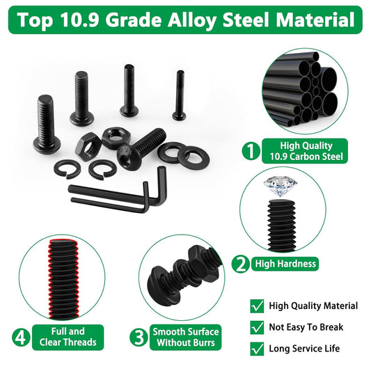 860PCS Metric Screw Assortment Kit, M2 M3 M4 M5 Machine Screws with Lock & Flat Washers, 10.9 Grade Alloy Steel, Metric Hex Button Head Cap Nuts and Bolts Assortment Kit with 4 Wrenches - PuriLite