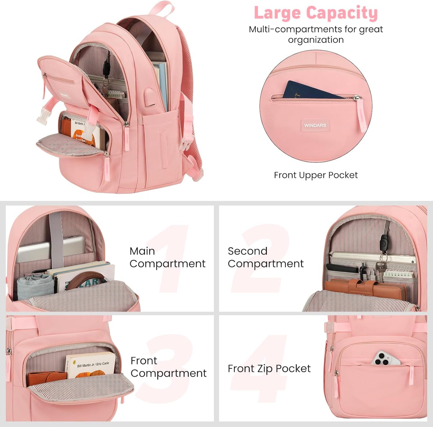 WINDARS Backpack for School Girls, Cute High School Backpacks for Teens Women Student Large Bookbag 15.6 Inch Laptop Bag with USB Charger Port for College Work Travel Trip (Beige Khaki)