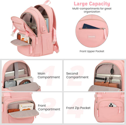 WINDARS Backpack for School Girls, Cute High School Backpacks for Teens Women Student Large Bookbag 15.6 Inch Laptop Bag with USB Charger Port for College Work Travel Trip (Beige Khaki)