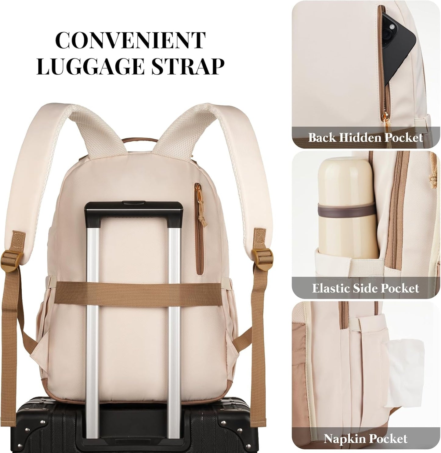 WINDARS School Backpack for Teens Girls, Aesthetic College Backpack Large Bookbag for Women Students Fashion 15.6 Inch Laptop Bag for Work Travel (Khaki Beige)