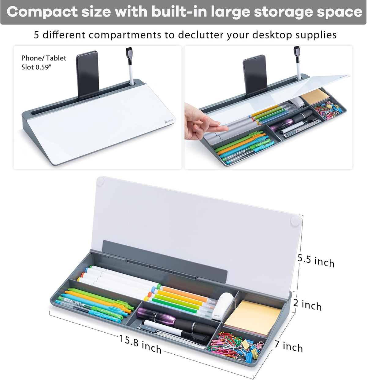 Varhomax Desk Whiteboard Dry Erase Glass Whiteboard, Desktop White Board to-do List Memo Notepad for Home Office and School Accessories Supplies with Storage Caddy for Computer Keyboard Stand (Gray)